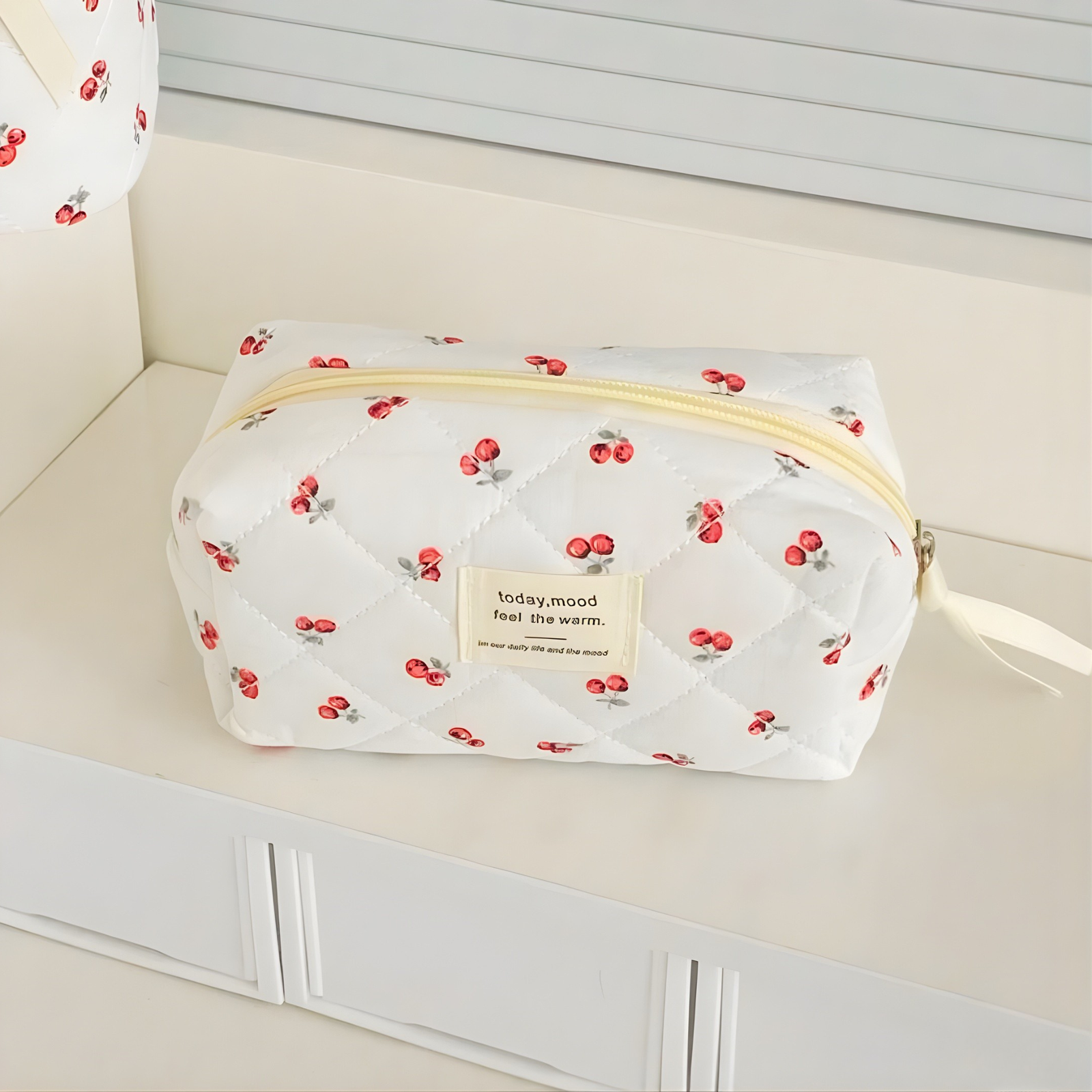 Red Quilted Fruit Pattern Zipper Makeup Bag - Small