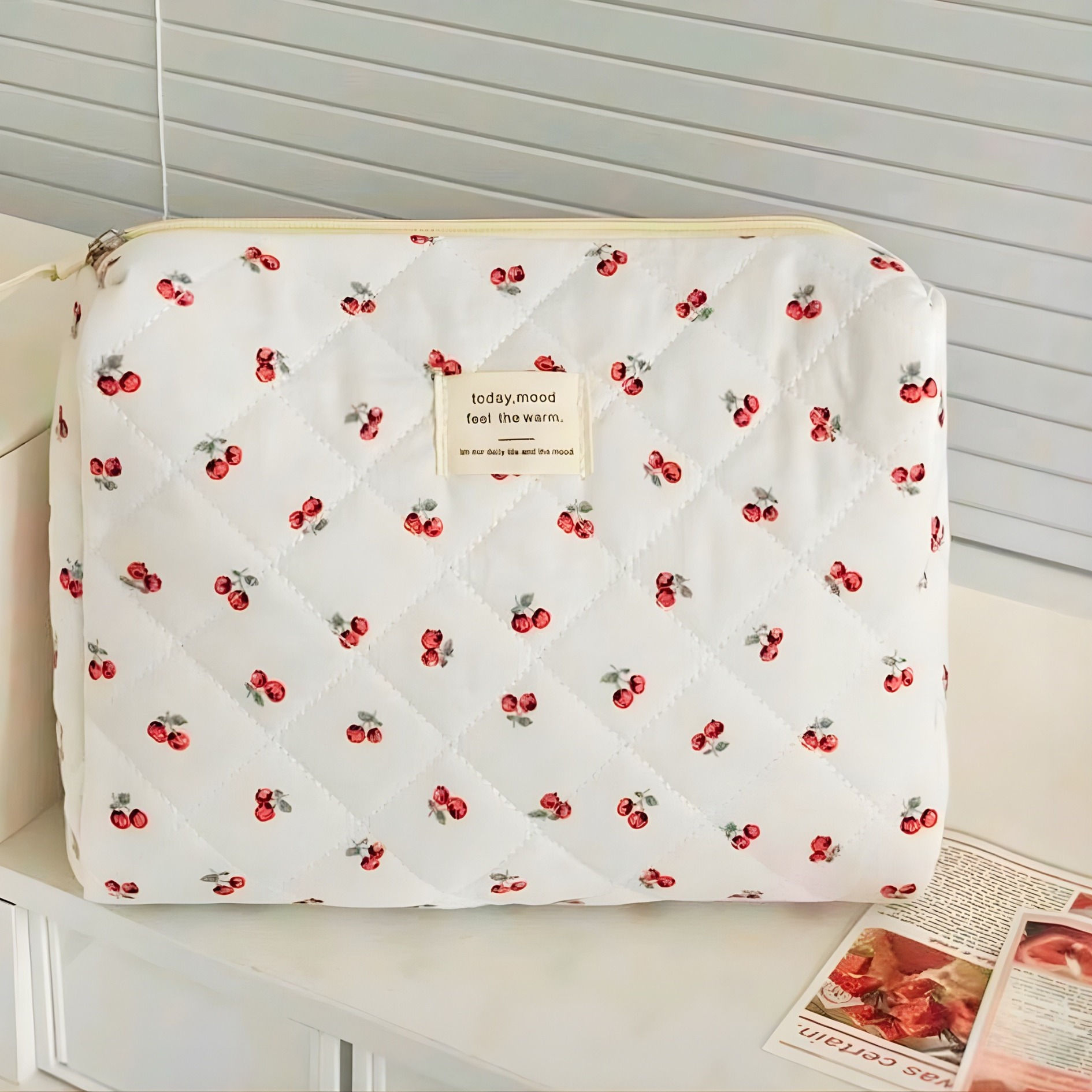 Red Quilted Fruit Pattern Zipper Makeup Bag - Medium