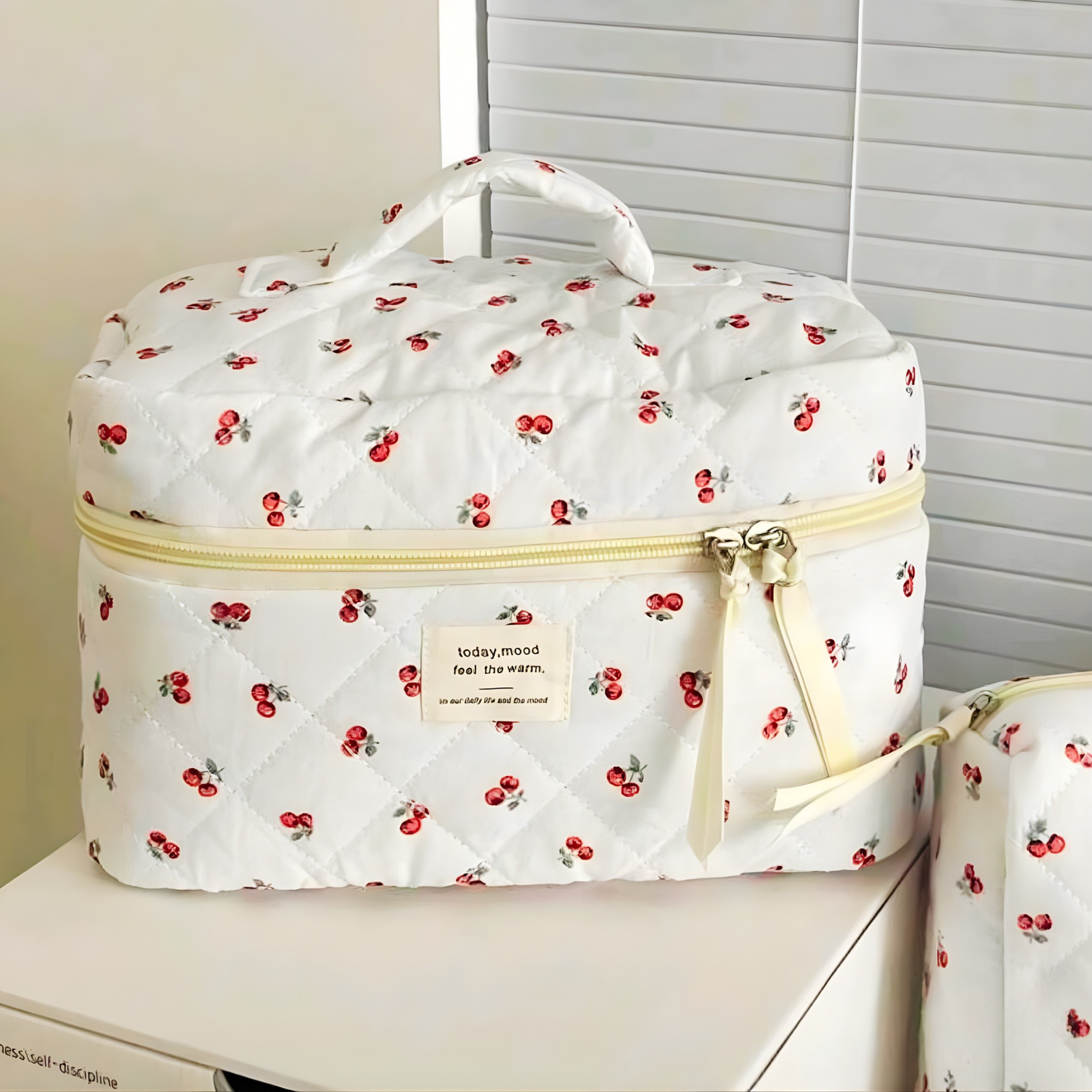 Red Quilted Fruit Pattern Zipper Makeup Bag - Large