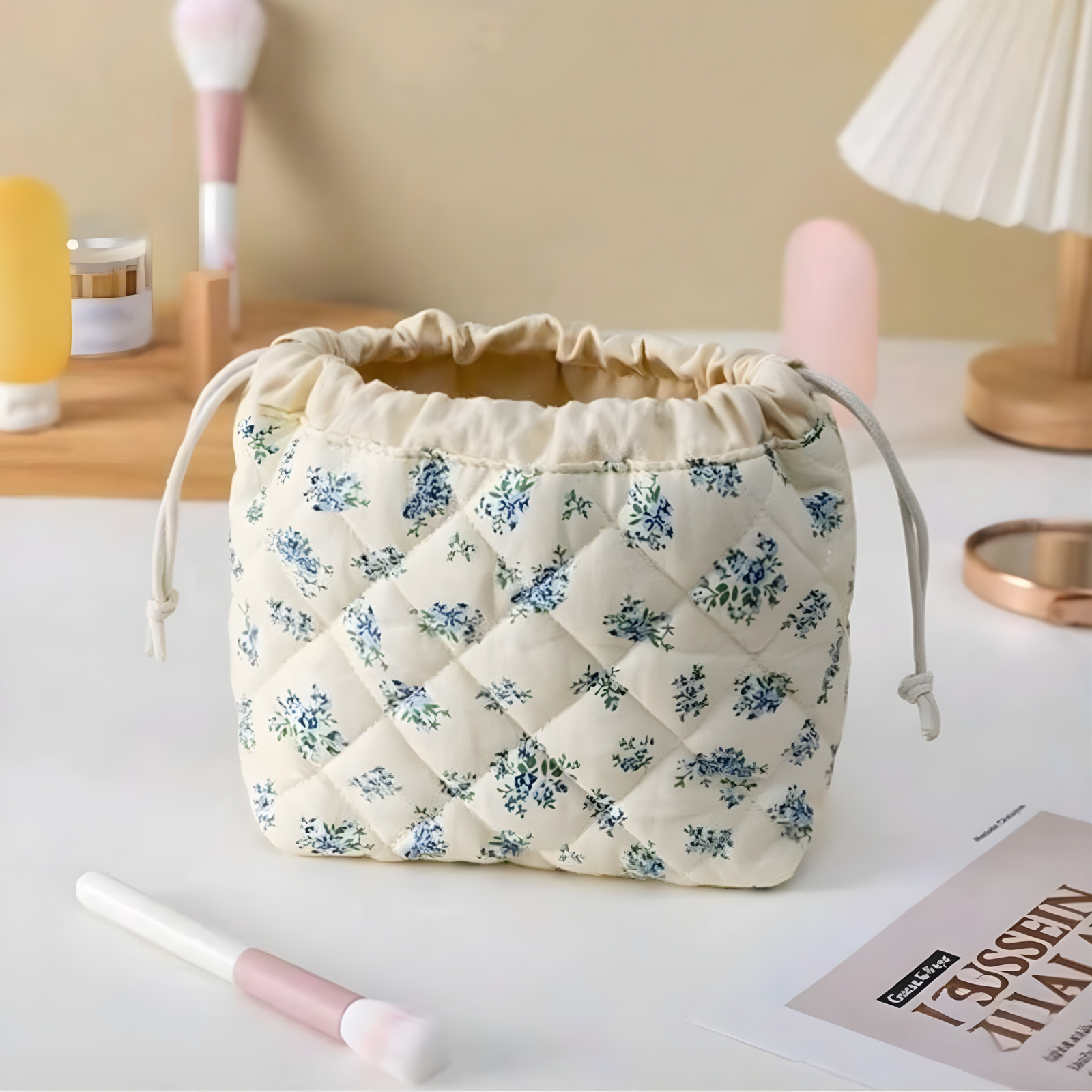 Drawstring Cosmetic Bag With Embossed Print