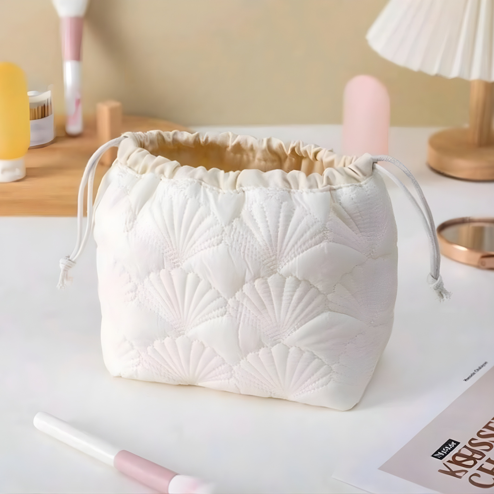 Drawstring Cosmetic Bag With Embossed Print